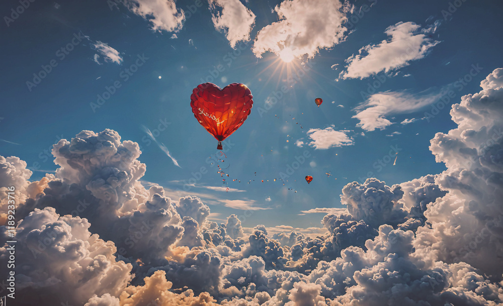 Poster red heart balloon is flying in the sky. there are clouds in the sky