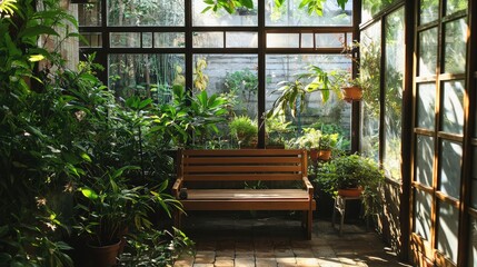 Serene Indoor Garden with Wooden Bench Surrounded by Lush Plants