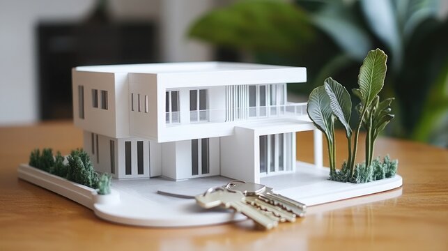 A miniature modern house model with keys and plants, symbolizing real estate or design.