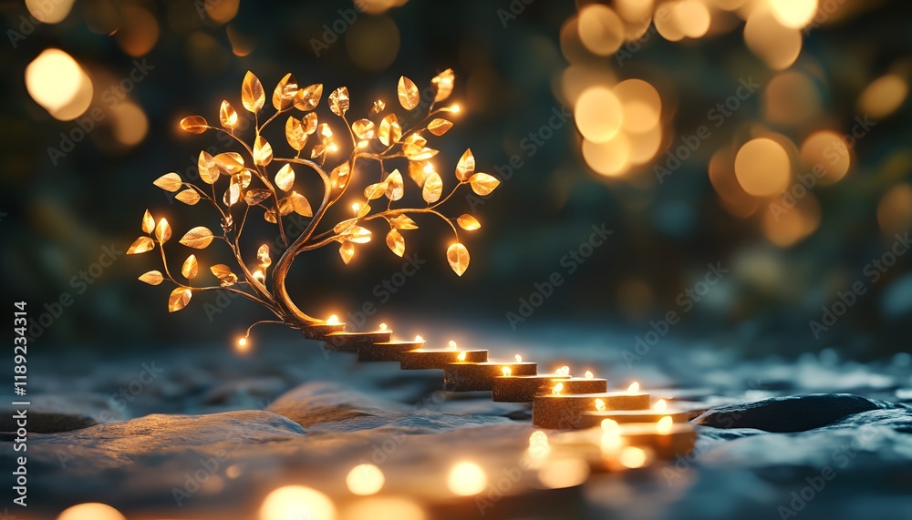 Poster Enchanted Tree with Glowing Leaves and Candles on a Serene Background Creating a Magical and Peaceful Atmosphere for Relaxation or Meditation