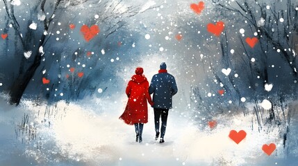 Couple winter snow walk love hearts forest romantic card