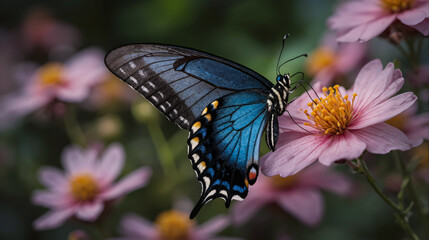 A butterfly pollinates a pink flower. The butterfly is blue and black. The flower is pink and has many petals. Close-up. Generative AI.