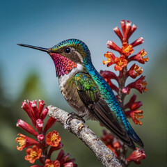 Fototapeta premium A hummingbird is perched on a branch of a red flower. The bird is colorful and has a red beak. Concept of beauty and tranquility, as the bird is surrounded by the vibrant colors of the flower