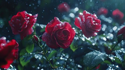 A close-up of vibrant red roses in a dew-covered garden