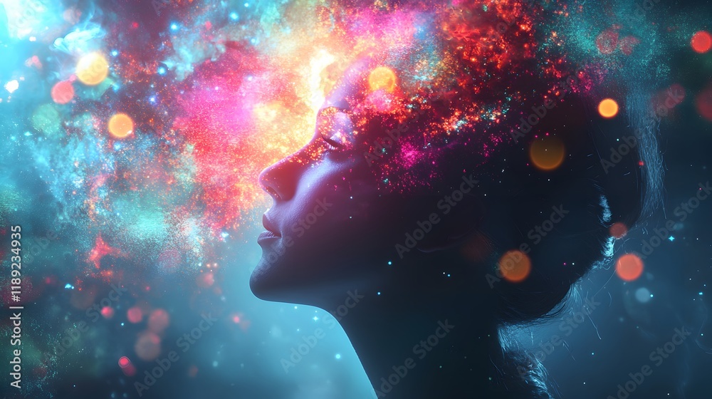 Poster ethereal portrait of a woman with cosmic elements and colorful galaxy effects surrounding her head, 