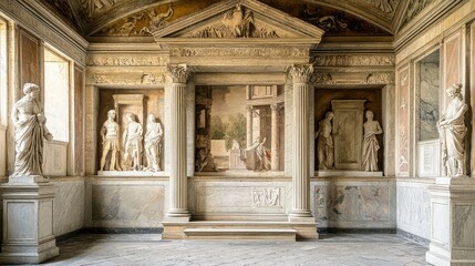 Elegant Ancient Architecture with Classical Statues and Murals