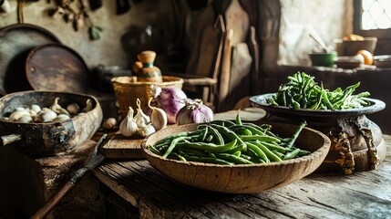 Fototapeta premium Rustic kitchen with fresh ingredients on wooden table