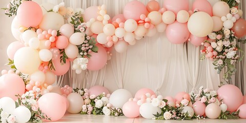 Pastel pink, white, and beige helium balloons for birthday or anniversary d&eacute;cor and photo backdrops.