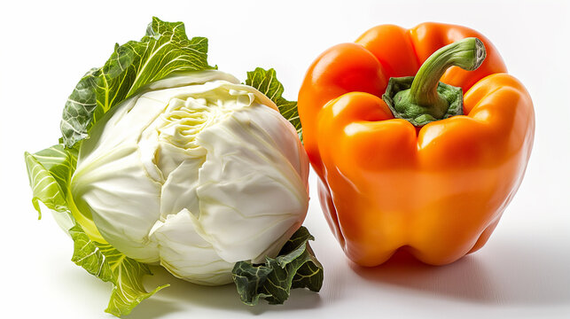 Fresh orange bell pepper and white cabbage on a white background with vibrant green leaves, healthy vegetables perfect for food and diet concepts - Powered by Adobe