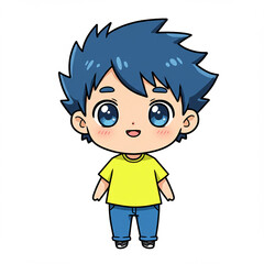 Adorable Anime Style Boy Cartoon Character Cute Child Illustration Happy Kid Blue Hair Yellow Shirt