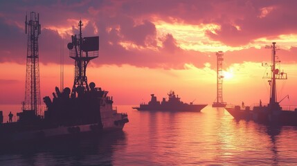 Obraz premium Sunset Over Naval Vessels Silhouetted Against Colorful Sky