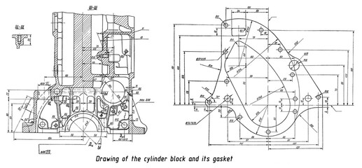 Cylinder block of engine of cargo vehicle
and gasket. Engineering mechanical drawing of automotive device. Industrial cad scheme on white paper sheet. Technology design of machine building industry.