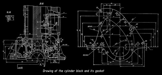 Cylinder block of engine of cargo vehicle
and gasket. Engineering mechanical drawing of automotive device. Industrial cad scheme on paper sheet. Technology design of machine building industry.
