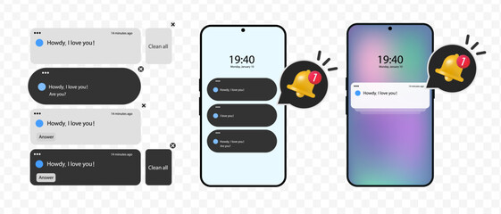 Notification screen UI. Push notification. SMS notification on the screen of the smartphone. Sms popup. Message exchange	
