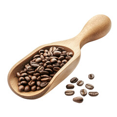 Obraz premium Roasted Coffee Beans in Wooden Scoop: Aromatic and Rich Brown Coffee Beans Ready for Brewing