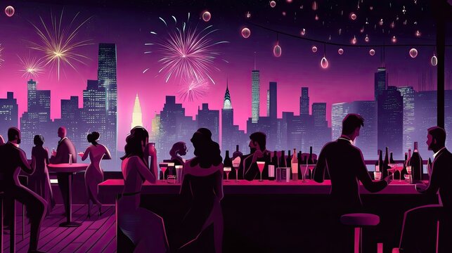 Rooftop party with city skyline and fireworks at night.  People celebrating, drinking, socializing.