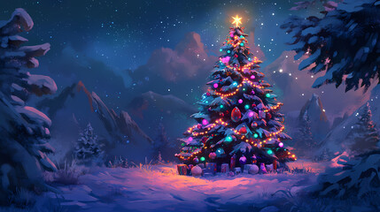A dazzling christmas tree decorated with glowing ornaments, colorful lights, and festive decor, surrounded by a snowy night scene perfect for holiday celebrations. Nightstone. Illustration
