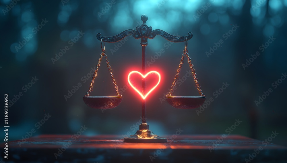 Poster symbolic representation of justice and love with balance scale featuring a glowing heart, ideal for 