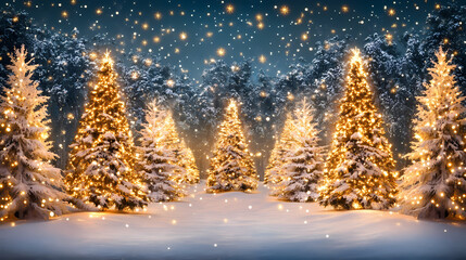 A magical christmas scene with snow-covered ground and decorated trees, their lights glowing warmly in the winter night, ideal for holiday greetings or branding. Nightstone. Illustration