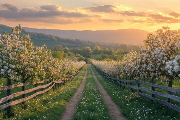 Fototapeta premium Blossoming orchard with rows of trees under golden sunset