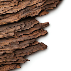 Textured layers of bark on a white isolated background.