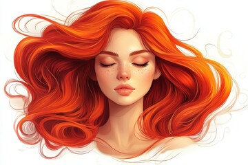 Fototapeta premium Red-haired woman with flowing locks and serene expression in soft lighting