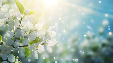 Spring brings blooming white blossoms and sunlight in the sky.