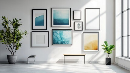 A modern gallery featuring framed artworks in varying sizes on a clean white wall.
