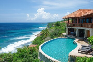 Fototapeta premium Infinity pool overlooking the ocean surrounded by tropical greenery