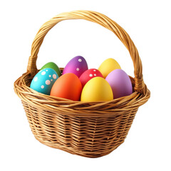 A Colorful Collection of Easter Eggs in a Rustic Wicker Basket against a Black Background