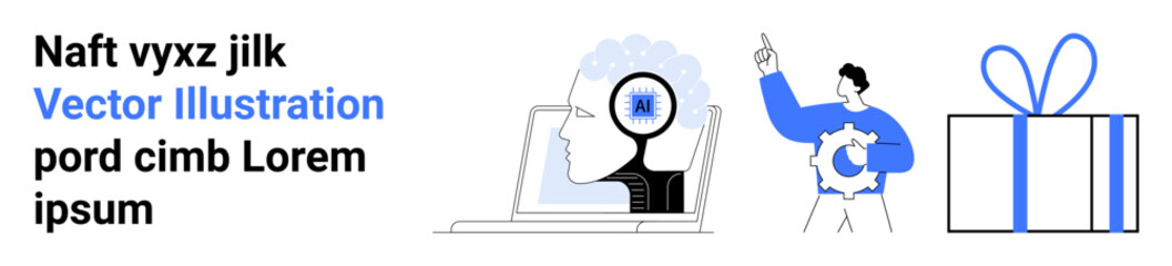 Head with gears on laptop, pen and gear representation, gift box. Ideal for AI, technology, education, innovation, creativity problem-solving and celebration themes. Landing page