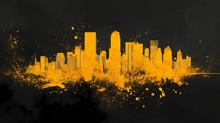 A vibrant artistic representation of a city skyline featuring yellow paint splashes and a dark background for dramatic contrast. Nightstone. Illustration