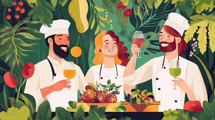 Three happy chefs celebrating amidst abundant fresh produce and drinks.