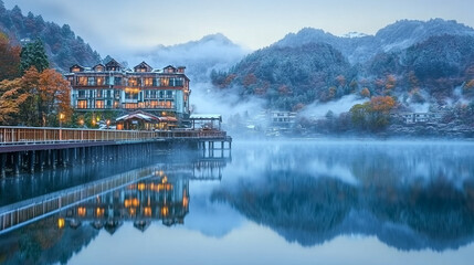 Fototapeta premium serene foggy autumn lake scene with reflections of a lakeside hotel amidst mountains and misty winter landscape