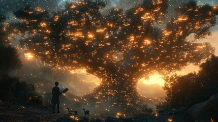 Fototapeta premium A child admires a giant, glowing tree at sunset, accompanied by two small dogs.
