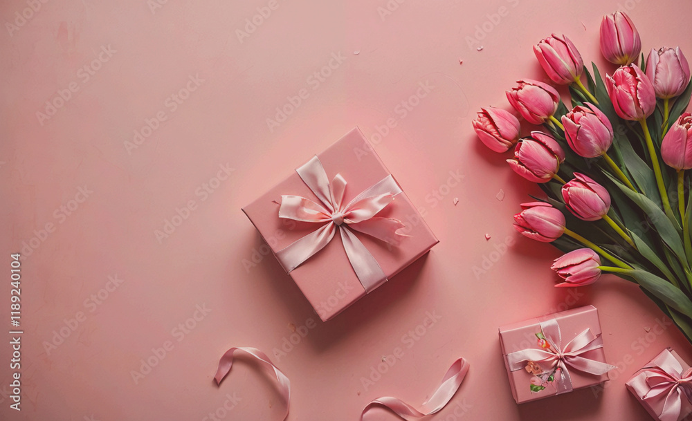Poster pink box with a ribbon on top of a pink background. there are two other boxes on the background