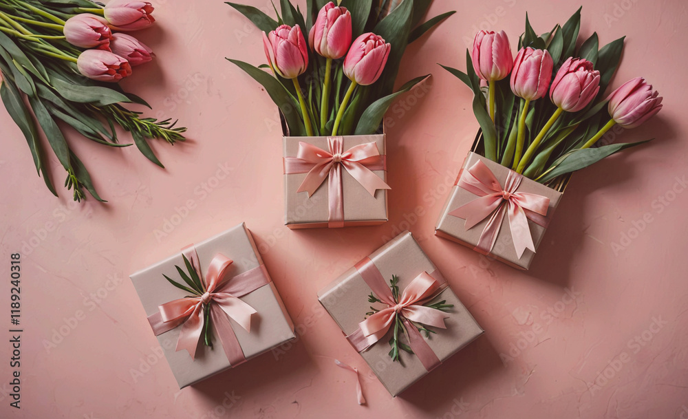 Poster three boxes of flowers with pink bows on them. the boxes are arranged in a row