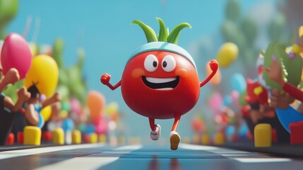A cartoon tomato running a race, surrounded by cheering people and colorful balloons.
