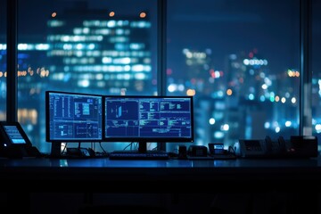 Modern computer workstation with multiple monitors displaying coding data and analytics, illustrating technology and productivity in a city skyline at night
