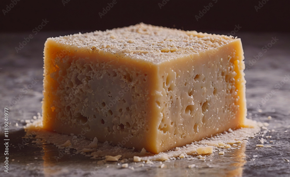 Poster piece of cheese with a white crust on it. the crust is made of sugar. the cheese is sitting on a tab