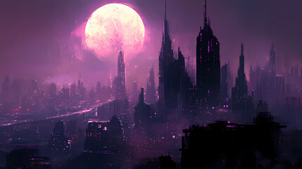 Fototapeta premium City skyline illuminated at night under a full moon. Nightstone. Illustration
