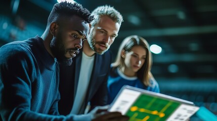Player consultants in football checking the performance data of a football player, 16:9