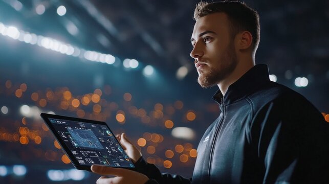 Player consultants in football checking the performance data of a football player, 16:9 - Powered by Adobe