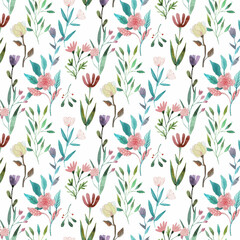 This seamless pattern features a collection of delicate flowers and leaves in soft, pastel colors.