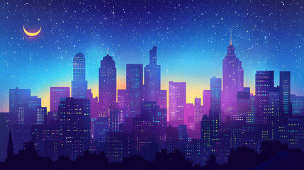 Cityscape at night under a starry sky. Nightstone. Illustration