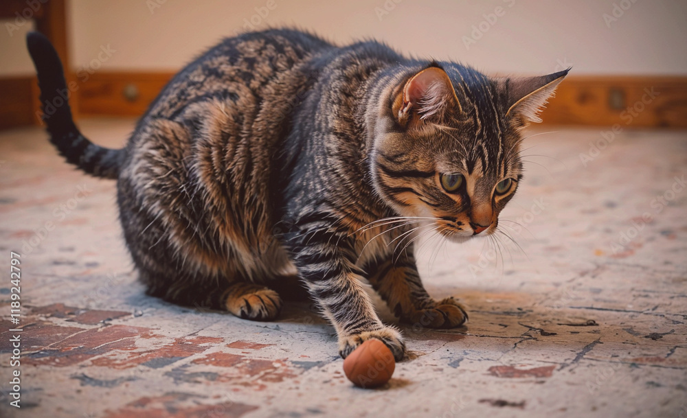 Poster cat is playing with a toy. the toy is a small acorn. the cat is sitting on the floor