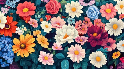 Vibrant and Colorful Spring Flower Background with Varied Blooms