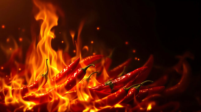 Hot and Spicy Food Theme Background with Red Chili Peppers and Flames for International Hot and Spicy Food Day