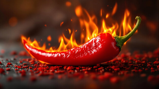 Hot and Spicy Food Theme Background with Red Chili Peppers and Flames for International Hot and Spicy Food Day