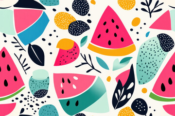 Colorful abstract pattern featuring fruits like watermelon and leaves in playful designs and vibrant colors.
